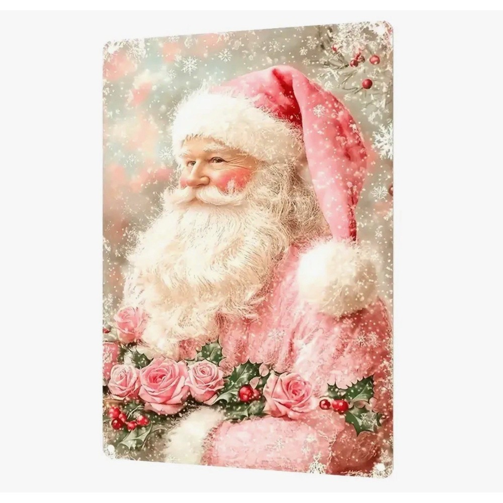 New Santa Claus Pink Christmas Decoration Sign Tin Metal Signs 8x12 Roses